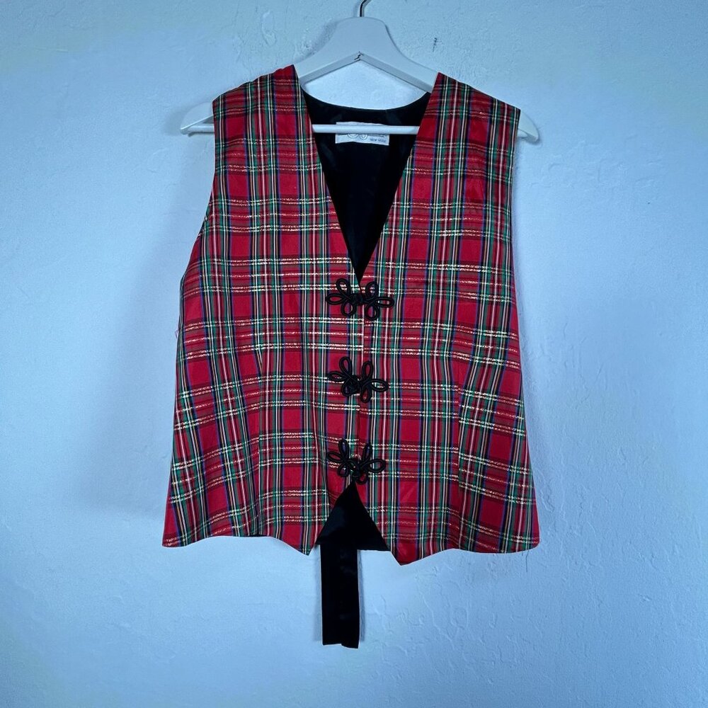Christina James Women's V-Neck Plaid Vest Red Black Frog Button Holiday Tie-Back